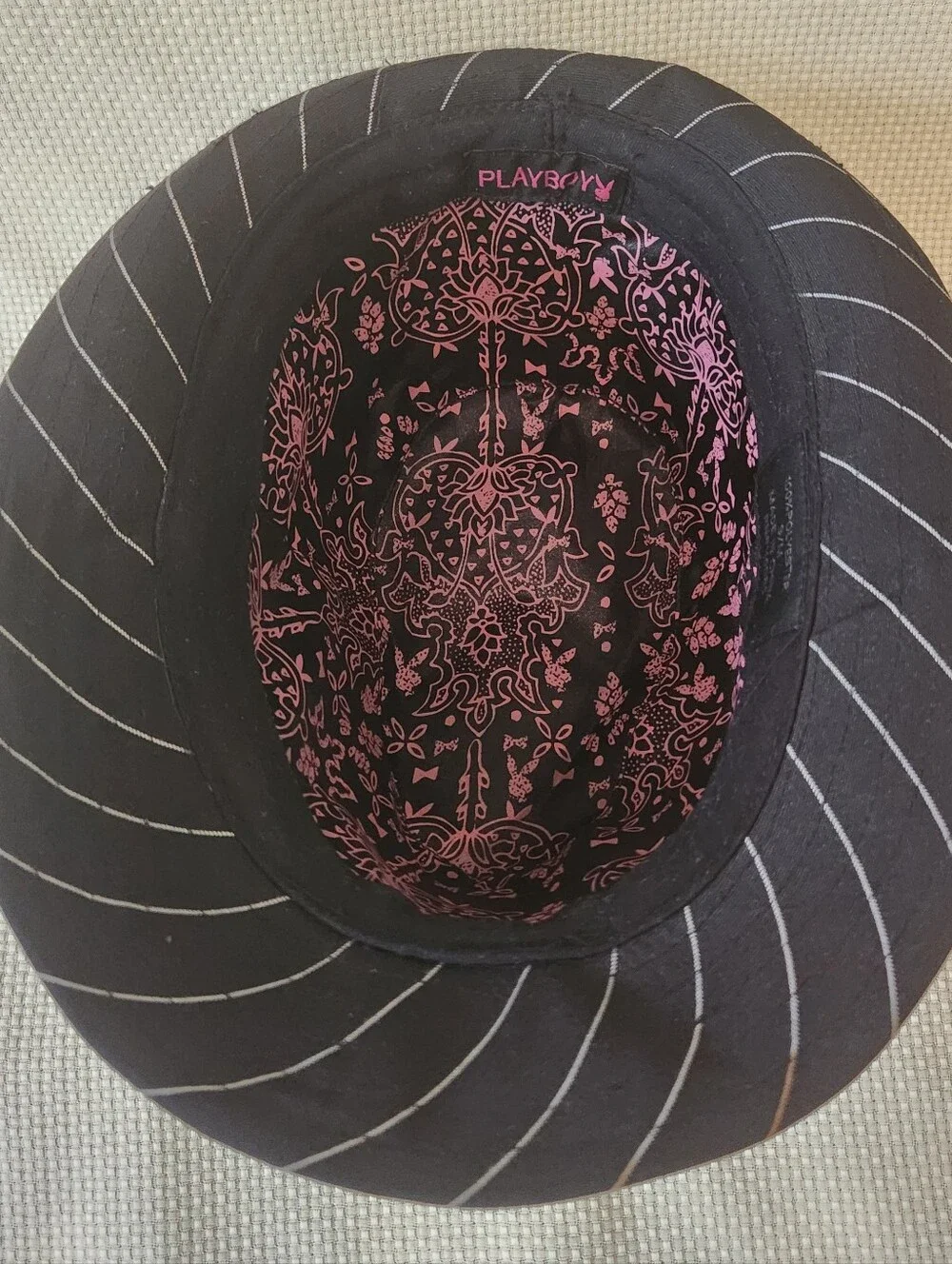 Vintage Y2K Playboy Bunny Pinstripe Fedora Hat Black Silver Metallic McBling S/M